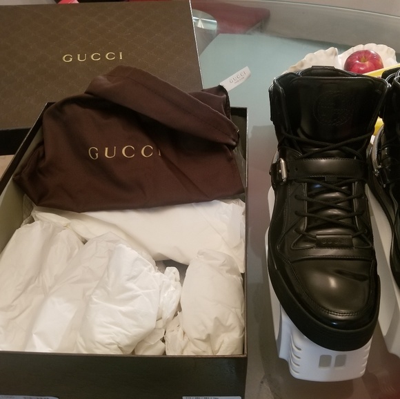 GUCCI SNEAKERS BLK LEATHER HIGH TOP BOOTS us/sz 10